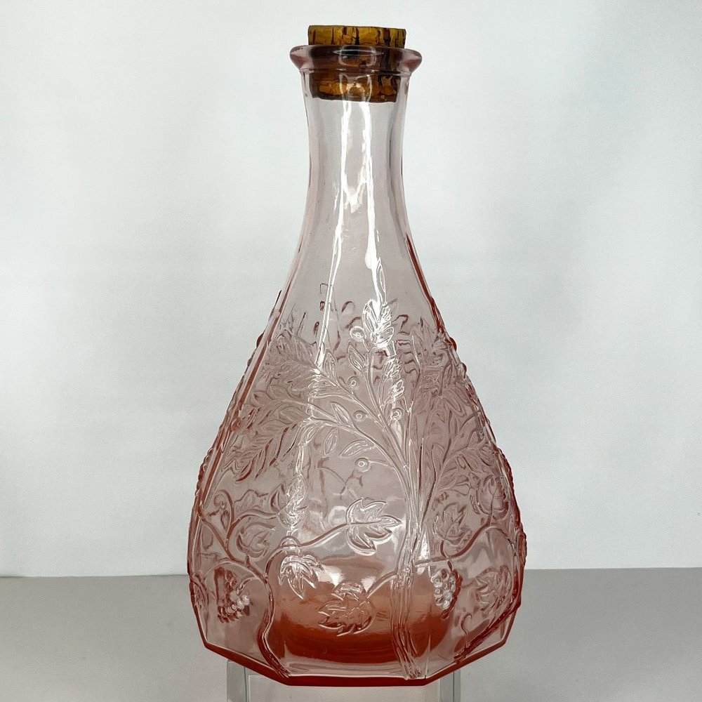 Vtg Mid Century Pink Depression Glass 10" Decanter Grapes Leaves Made in Italy